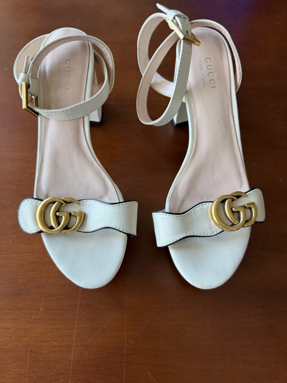 Gucci Cream Leather Ankle-Strap Heels with Gold Double G
